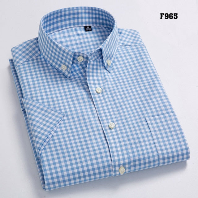 maoxiangshop High Quality Men's Oxford Casual Shirts Leisure Design Plaid Men's Social Shirts 100% Cotton Short Sleeve Men's Dress Shirts