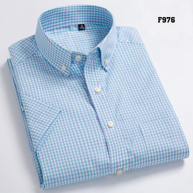 maoxiangshop High Quality Men's Oxford Casual Shirts Leisure Design Plaid Men's Social Shirts 100% Cotton Short Sleeve Men's Dress Shirts