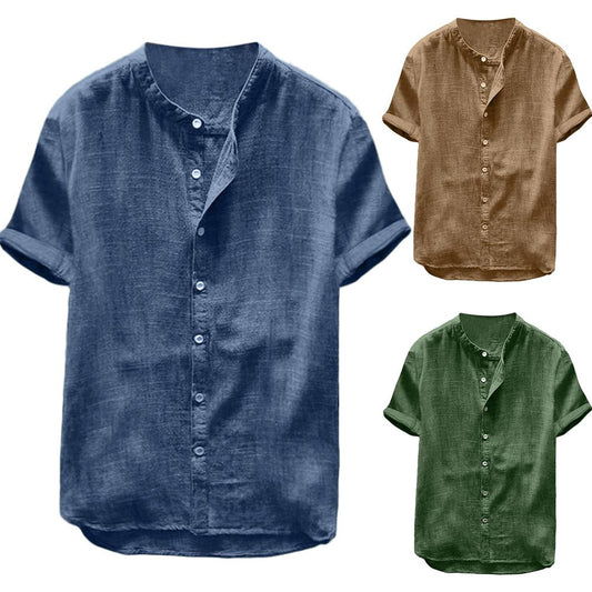 maoxiangshop Summer Men Cotton Linen Blouse Casual Solid Color Short Sleeve Cotton Linen Button Down Beach Loose Holiday Shirt Comfortable
