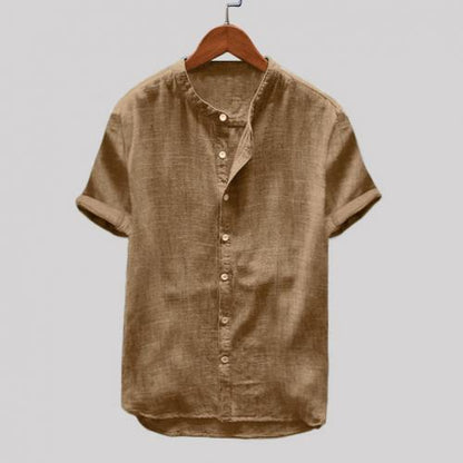 maoxiangshop Summer Men Cotton Linen Blouse Casual Solid Color Short Sleeve Cotton Linen Button Down Beach Loose Holiday Shirt Comfortable