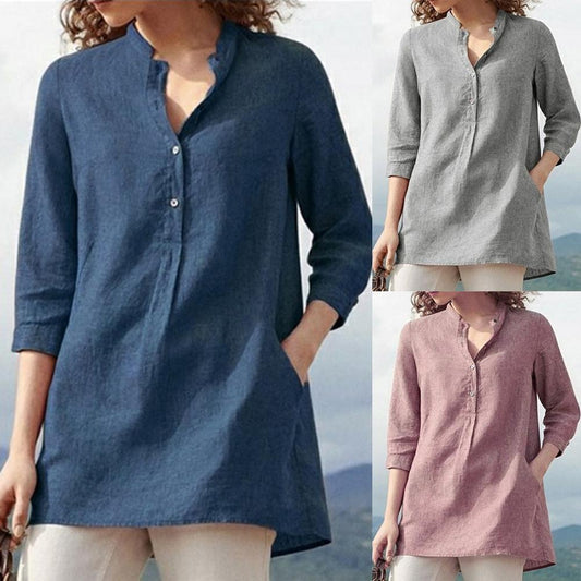 Women's blouses spring autumn tops leisure white shirts button v neck cardigan top loose long sleeve linen shirt cotton blouses