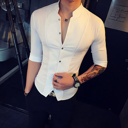 Stand Collar Chinese Style Shirt Men Slim Fit Korea Clothes Men Half Sleeve Summer Designer Club Shirt Camisa Masculina