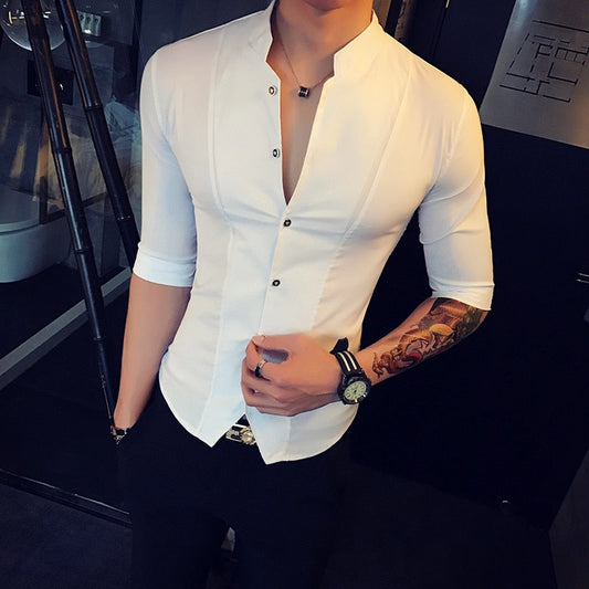 Stand Collar Chinese Style Shirt Men Slim Fit Korea Clothes Men Half Sleeve Summer Designer Club Shirt Camisa Masculina