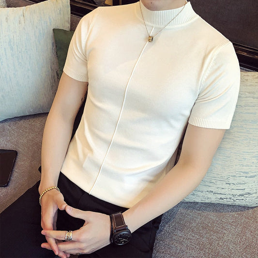 New Summer Men T-shirt Knitted Short Sleeves Top Men's Solid Color Half High Collar Sweater Pullover T Shirt Slim Knitted Tees