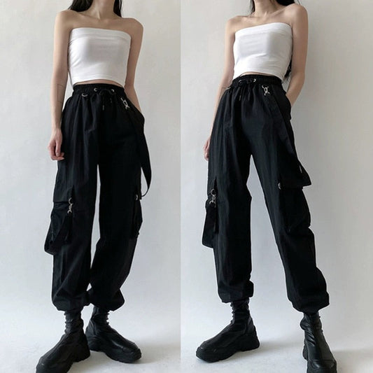 Women Fashion Harajuku Cargo Pants Black Detachable Strap Trousers Female Elastic Waist Streetwear Pants Plus Zise Casual Pants