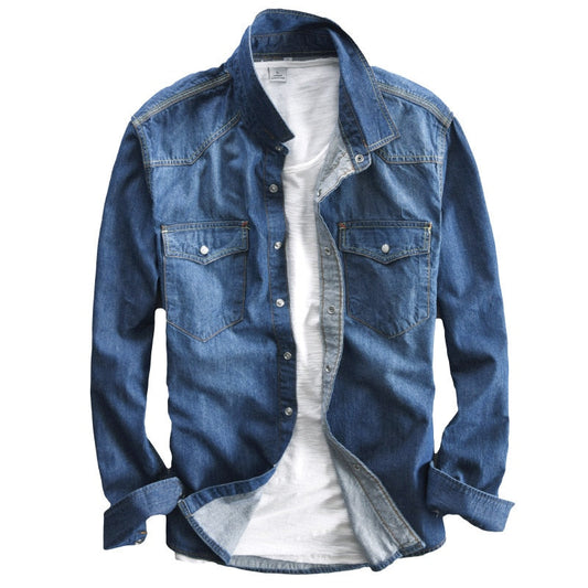 maoxiangshop Men's long-sleeved solid denim shirt fashion brand Classic retro denim Pocket decoration Business shirt Spring and Autumn Tops