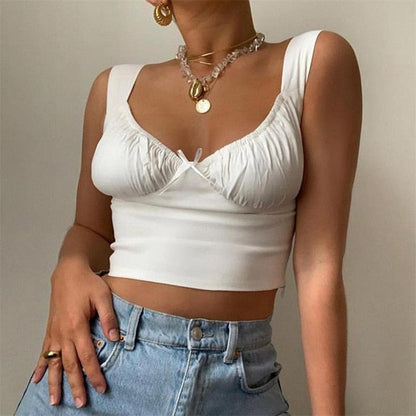 Women Summer Crop Tops Lady Girls Summer White Ruched Tanks Bow Slim Camis Ladies Wide Strap Tees Skinny Femme Camisole S M L