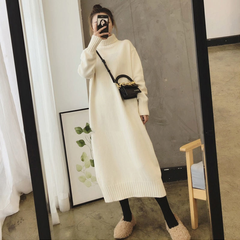 Sweater Dress Women Knitted Turtleneck Solid Dress Autumn Winter Warm Knit Female Dress Loose Midi Vestidos Dresses Big Sizes