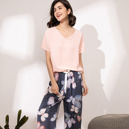 Summer Pajamas Set Women Sleepwear Female Casual Floral Printed Contrasting Color Pyjamas Tops with Long Trousers Home Clothing