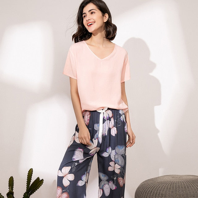 Summer Pajamas Set Women Sleepwear Female Casual Floral Printed Contrasting Color Pyjamas Tops with Long Trousers Home Clothing