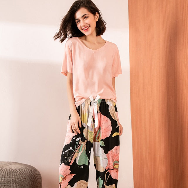 Summer Pajamas Set Women Sleepwear Female Casual Floral Printed Contrasting Color Pyjamas Tops with Long Trousers Home Clothing