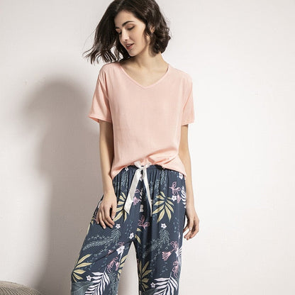 Summer Pajamas Set Women Sleepwear Female Casual Floral Printed Contrasting Color Pyjamas Tops with Long Trousers Home Clothing