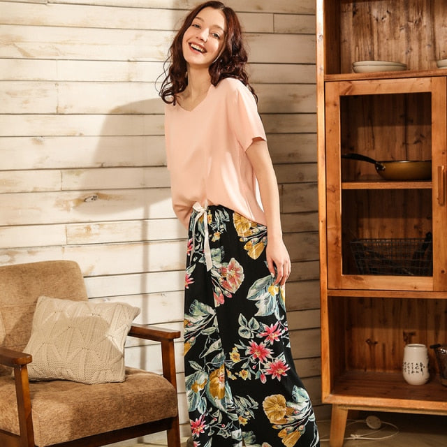 Summer Pajamas Set Women Sleepwear Female Casual Floral Printed Contrasting Color Pyjamas Tops with Long Trousers Home Clothing