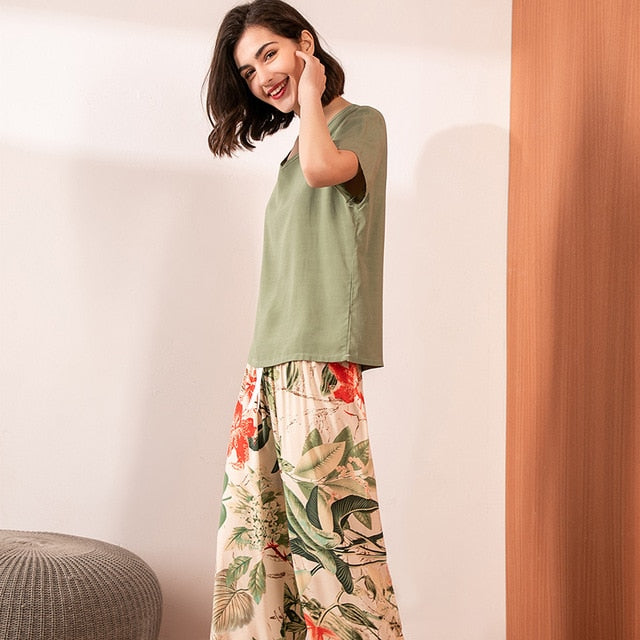 Summer Pajamas Set Women Sleepwear Female Casual Floral Printed Contrasting Color Pyjamas Tops with Long Trousers Home Clothing