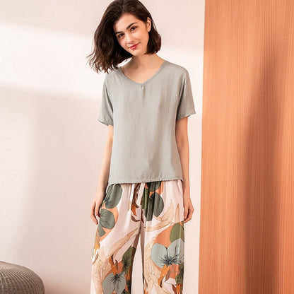 Summer Pajamas Set Women Sleepwear Female Casual Floral Printed Contrasting Color Pyjamas Tops with Long Trousers Home Clothing