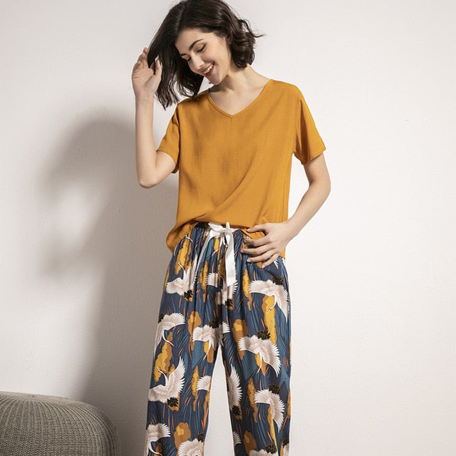 Summer Pajamas Set Women Sleepwear Female Casual Floral Printed Contrasting Color Pyjamas Tops with Long Trousers Home Clothing