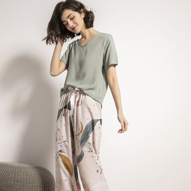 Summer Pajamas Set Women Sleepwear Female Casual Floral Printed Contrasting Color Pyjamas Tops with Long Trousers Home Clothing