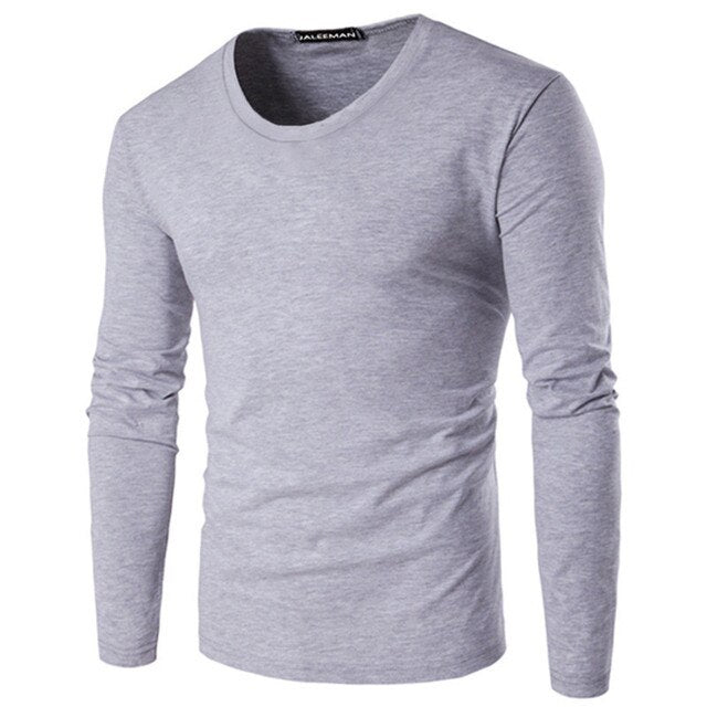 Autumn and winter new solid color men's long-sleeved T-shirt O-neck polyester slim red blue black