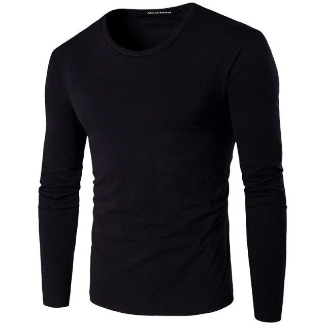 Autumn and winter new solid color men's long-sleeved T-shirt O-neck polyester slim red blue black