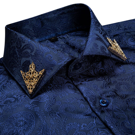 Fashion Royal Blue Paisley Men Shirts Business Casual Long Sleeve Slim Fit Dress Shirt Soft Comfort Men Social Shirt DiBanGu