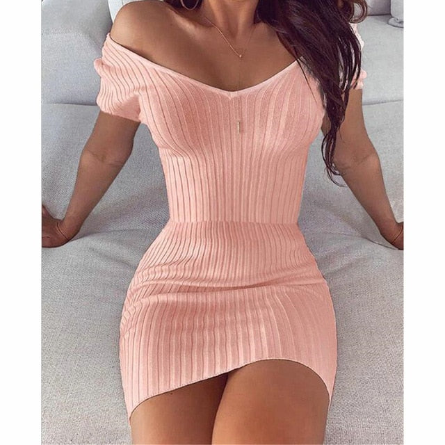 Sexy Club Off Shoulder Long Sleeve Bodycon Dress For Women Winter White Knitted Sweater Mini Woman Dresses Robe Femme