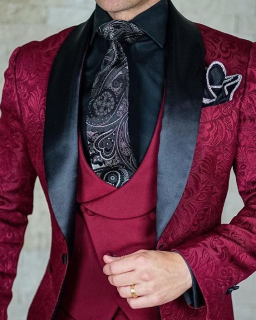 maoxiangshop  Men's Suit Fashion Formal Business Slim Fit 3-Pieces White Blazers Burgundy Pant Men's Tuxedo Wedding Men Suits Groom Suit