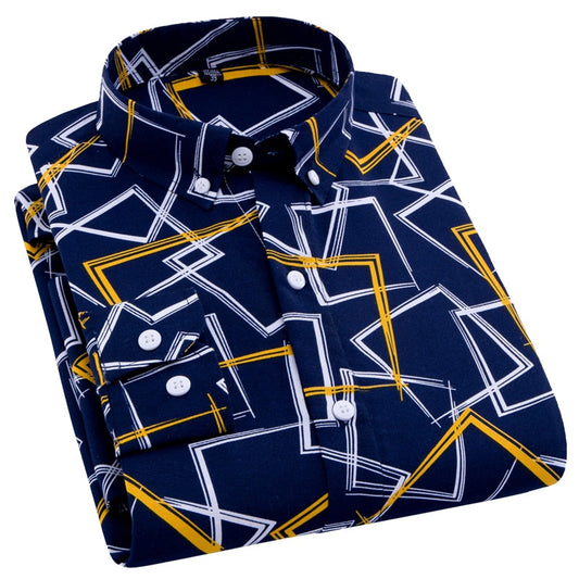 AOLIWEN brand men spring autumn navy blue yellow and white printed shirt casual anti wrinkle comfortable long sleeve slim shirts