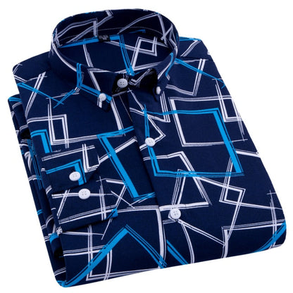 AOLIWEN brand men spring autumn navy blue yellow and white printed shirt casual anti wrinkle comfortable long sleeve slim shirts