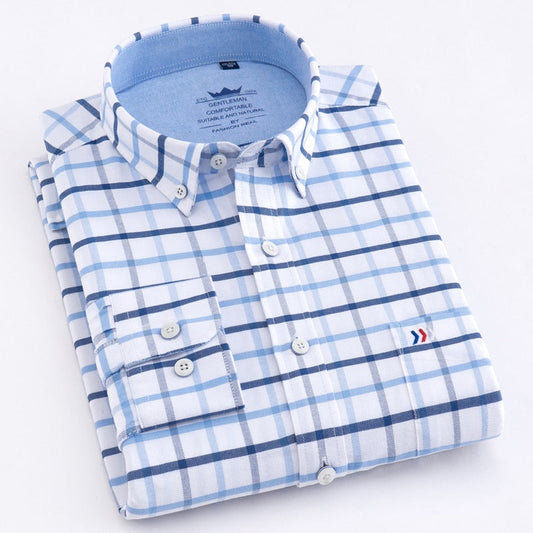 maoxiangshop Men's Oxford Casual 100% Cotton Plaid Checkered Shirt Front Patch Chest Pocket Long Sleeve Thick Button-down Striped Shirts
