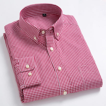 Men's Standard-Fit Long-Sleeve Micro-Check Shirts Patch Pocket Thin Soft 100% Cotton White/red Lines Checked Plaid Casual Shirt