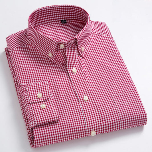 Men's Standard-Fit Long-Sleeve Micro-Check Shirts Patch Pocket Thin Soft 100% Cotton White/red Lines Checked Plaid Casual Shirt