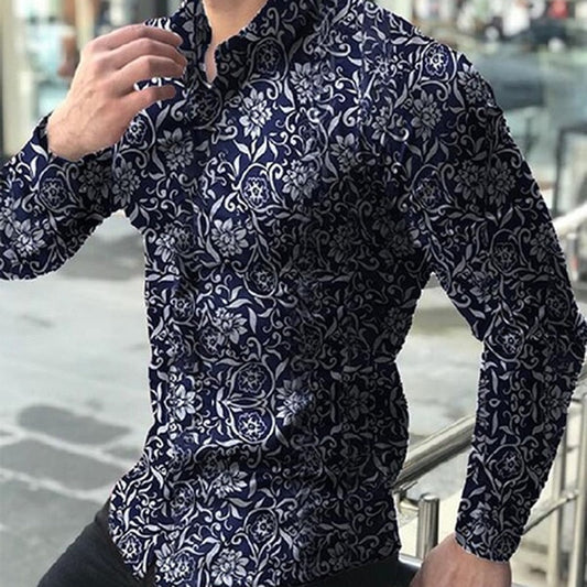 maoxiangshop Fashion Shirts For Men Long Sleeve Floral Print Shirt Autumn Shirts Men Dress Camisa Button Lapels Collar Male Turn Down Collar