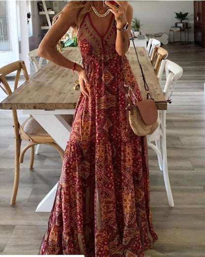 Women's Boho Vintage Maxi Dress Flora Print Deep V Neck Loose High Waist Dresses Spaghetti Strap Summer Retro Vestidos Clothes