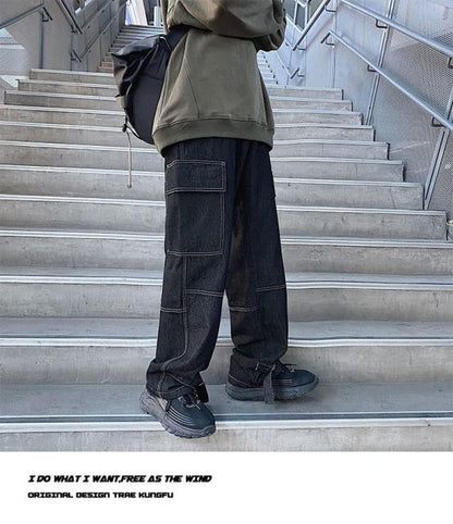 S-5XL Plus Size Men Wide Leg Jeans Mens Autumn Spring Hip Hop Streetwear New Loose Straight Baggy Denim Pants Male Brand