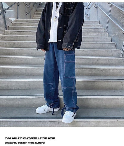 S-5XL Plus Size Men Wide Leg Jeans Mens Autumn Spring Hip Hop Streetwear New Loose Straight Baggy Denim Pants Male Brand