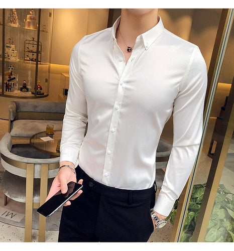 Neckline Embroidery Mens Shirts Long Sleeve Casual Slim Fit Men Dress Shirts Solid Color Formal Business Social Clothing Blouse