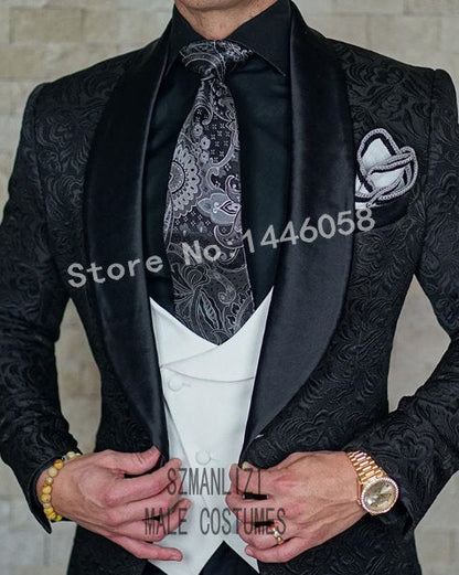 maoxiangshop Mens Wedding Suits Italian Design Custom Made Black Smoking Tuxedo Jacket 3 Piece Groom Terno Suits For Men