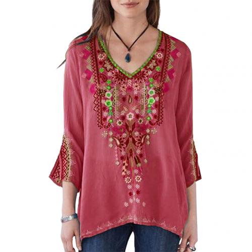 Blouses Women Boho Casual V Neck Long Sleeve Floral Embroidery Blouse Top Loose Shirt ropa de mujer