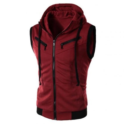 Color Block Summer Sports Men Zipper Sleeveless Fitness Hoodies Hooded Vest Men's Clothing