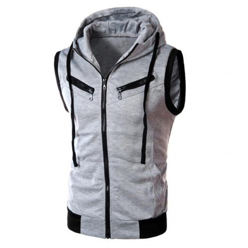 Color Block Summer Sports Men Zipper Sleeveless Fitness Hoodies Hooded Vest Men's Clothing