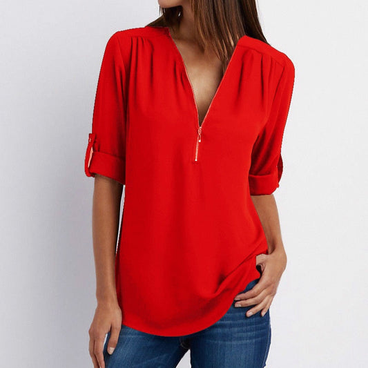 Zipper Short Sleeve Women Shirts Sexy V Neck Solid Womens Tops And Blouses Casual Tee Shirts Tops Female Clothes Plus Size