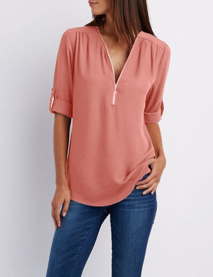 Zipper Short Sleeve Women Shirts Sexy V Neck Solid Womens Tops And Blouses Casual Tee Shirts Tops Female Clothes Plus Size