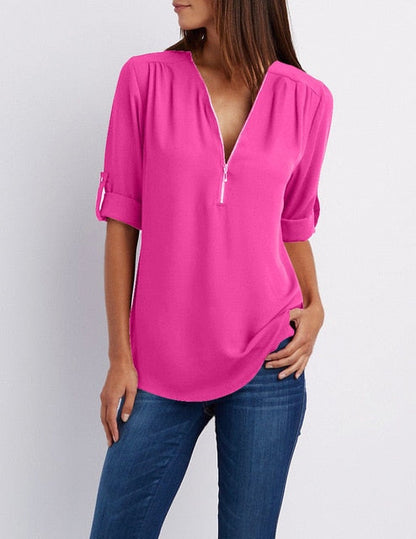 Zipper Short Sleeve Women Shirts Sexy V Neck Solid Womens Tops And Blouses Casual Tee Shirts Tops Female Clothes Plus Size