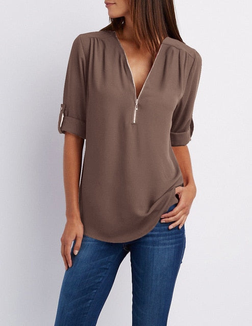 Zipper Short Sleeve Women Shirts Sexy V Neck Solid Womens Tops And Blouses Casual Tee Shirts Tops Female Clothes Plus Size