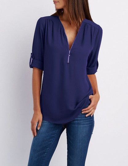 Zipper Short Sleeve Women Shirts Sexy V Neck Solid Womens Tops And Blouses Casual Tee Shirts Tops Female Clothes Plus Size