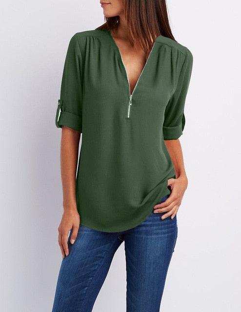 Zipper Short Sleeve Women Shirts Sexy V Neck Solid Womens Tops And Blouses Casual Tee Shirts Tops Female Clothes Plus Size