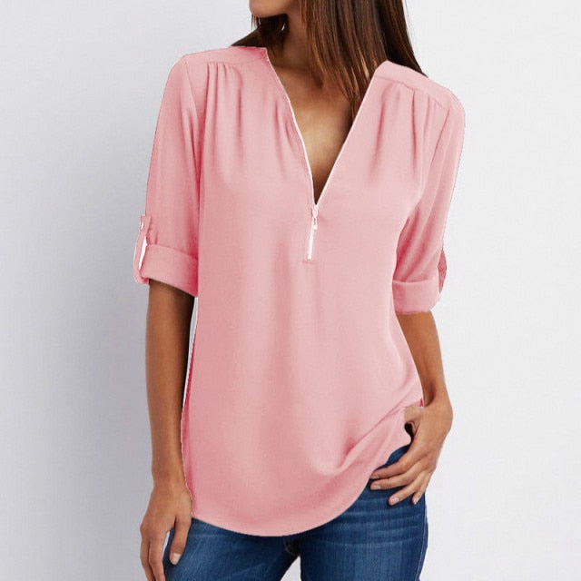 Zipper Short Sleeve Women Shirts Sexy V Neck Solid Womens Tops And Blouses Casual Tee Shirts Tops Female Clothes Plus Size