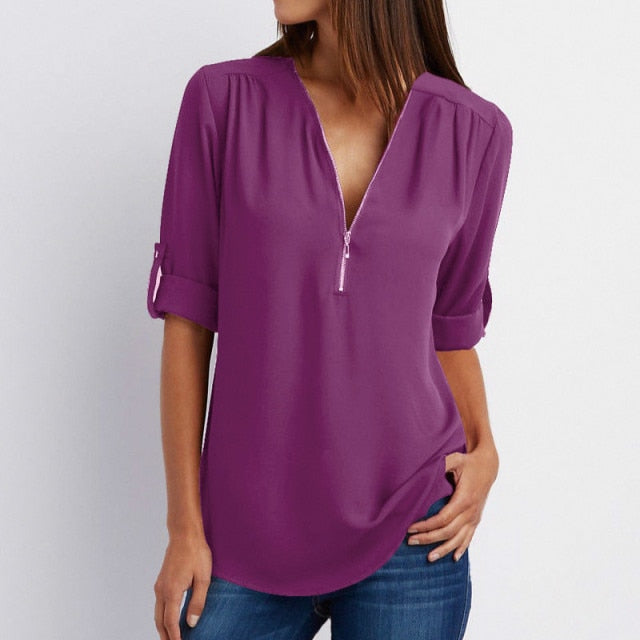 Zipper Short Sleeve Women Shirts Sexy V Neck Solid Womens Tops And Blouses Casual Tee Shirts Tops Female Clothes Plus Size