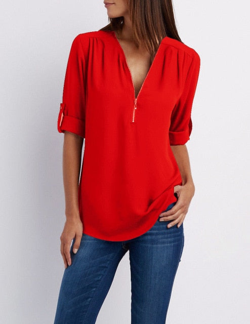 Zipper Short Sleeve Women Shirts Sexy V Neck Solid Womens Tops And Blouses Casual Tee Shirts Tops Female Clothes Plus Size