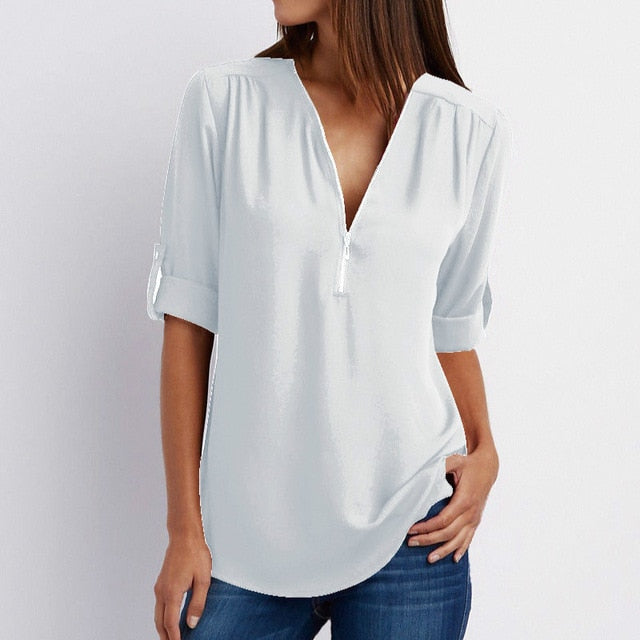 Zipper Short Sleeve Women Shirts Sexy V Neck Solid Womens Tops And Blouses Casual Tee Shirts Tops Female Clothes Plus Size